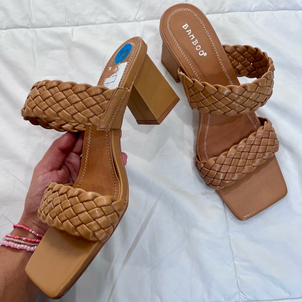 Womens Tan Braided Strappy Square Open Toe Slip On Chunky Heeled Sandals Size 10 - Picture 4 of 12